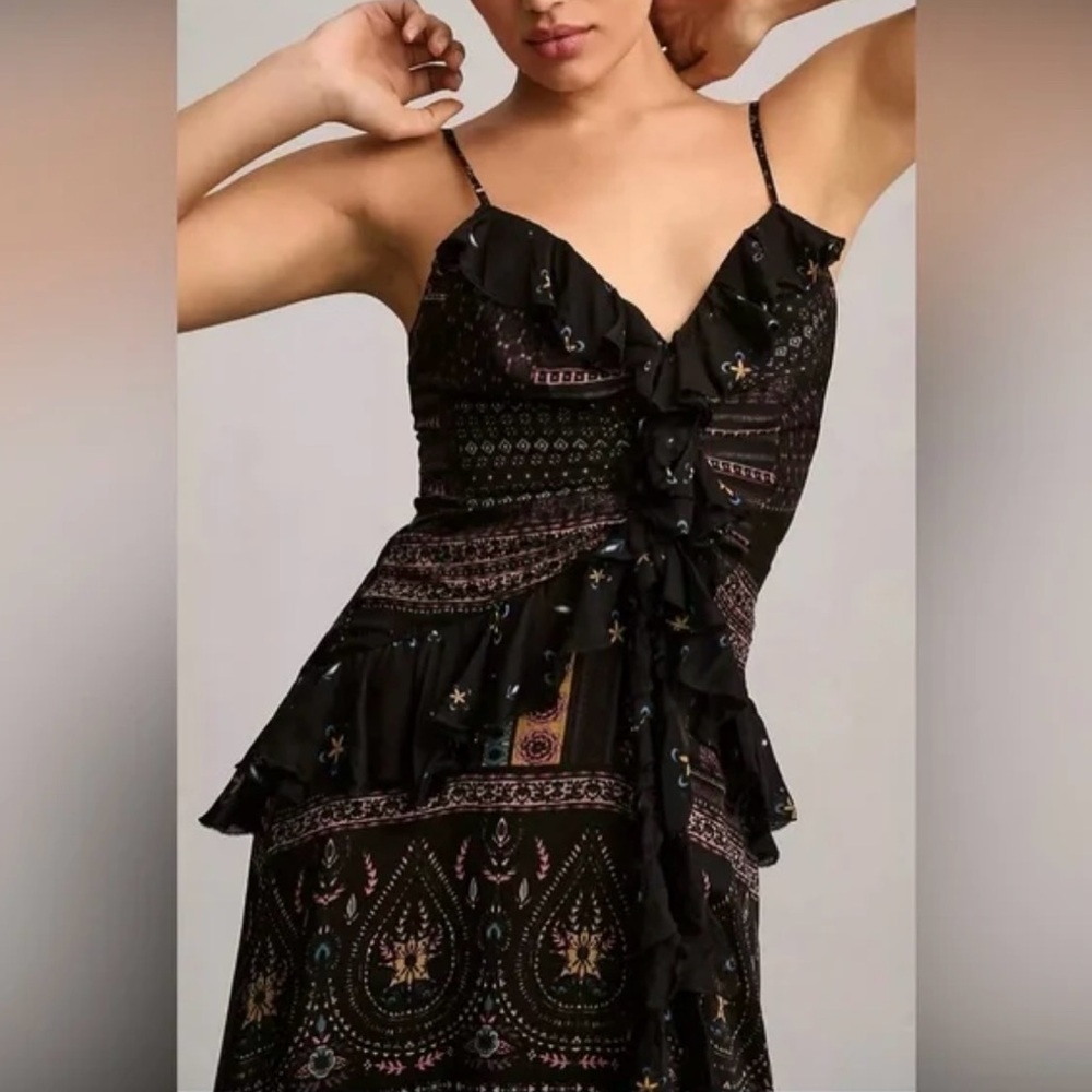 Anthropologie Black Maxi Dress with Intricate Patterns and ruffles medium - Picture 3 of 5